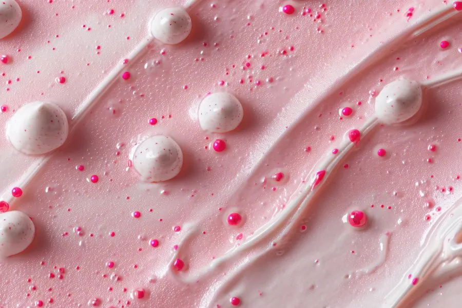 A pink cream with white and pink balls in it.